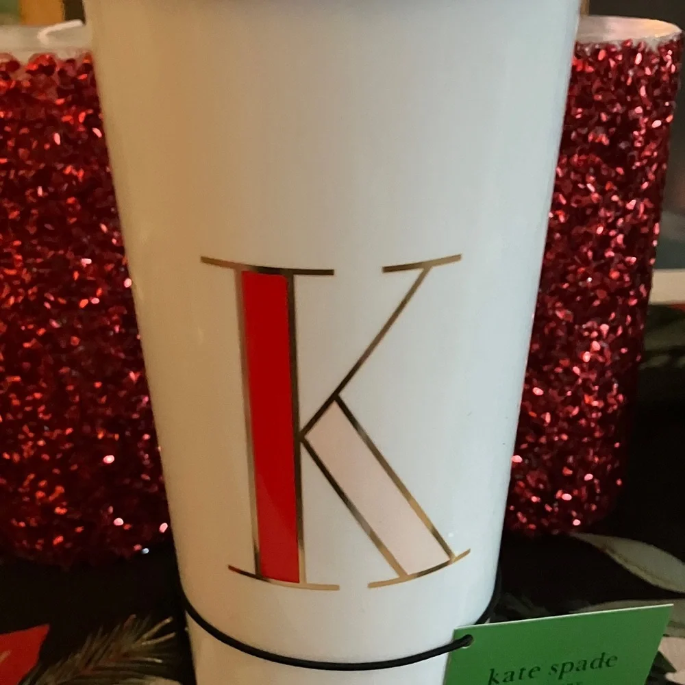 Kate Spade White Tumbler with Red and Gold Accents